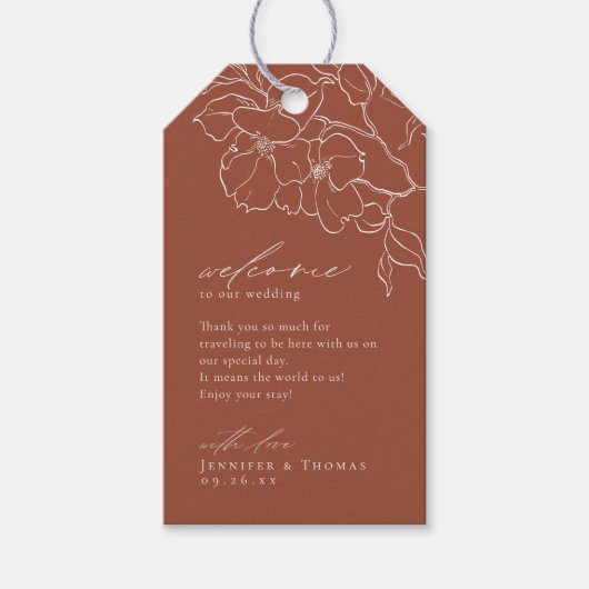 Elegant hand getrokken florale terracotta bruiloft cadeaulabel (Voorkant)