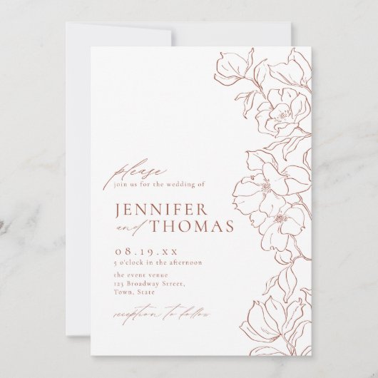 Elegant hand getrokken florale terracotta bruiloft kaart (Voorkant)