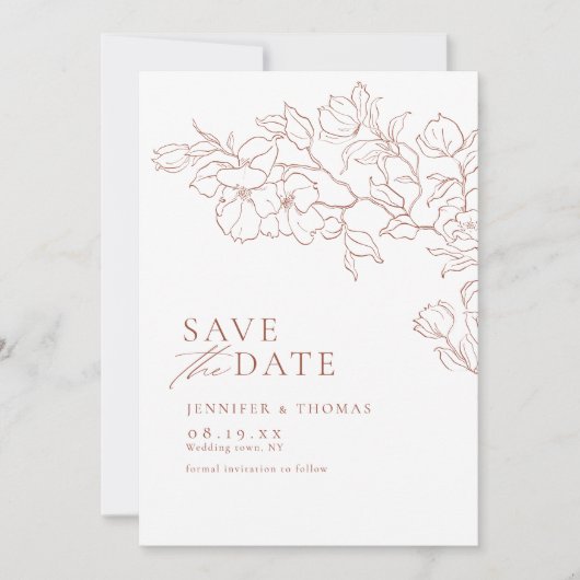 Elegant hand getrokken florale terracotta bruiloft save the date (Voorkant)