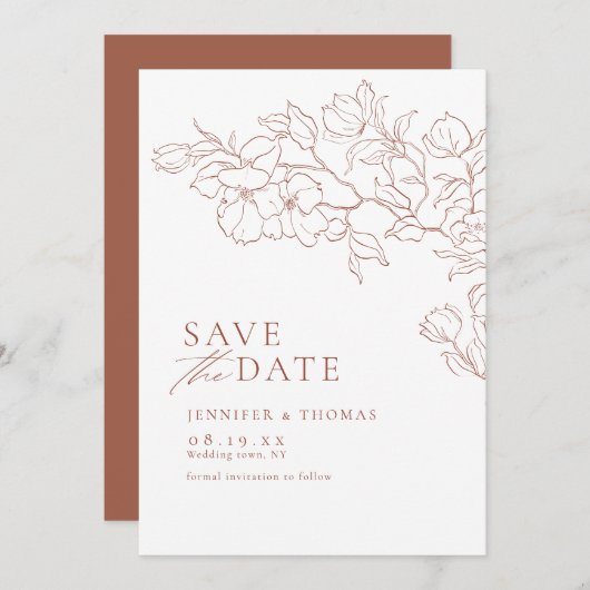 Elegant hand getrokken florale terracotta bruiloft save the date (Voorkant / Achterkant)