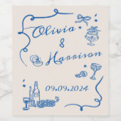 Elegant Hand getrokken Retro Blue Wedding Wijn Lab Etiket (Enkel label)