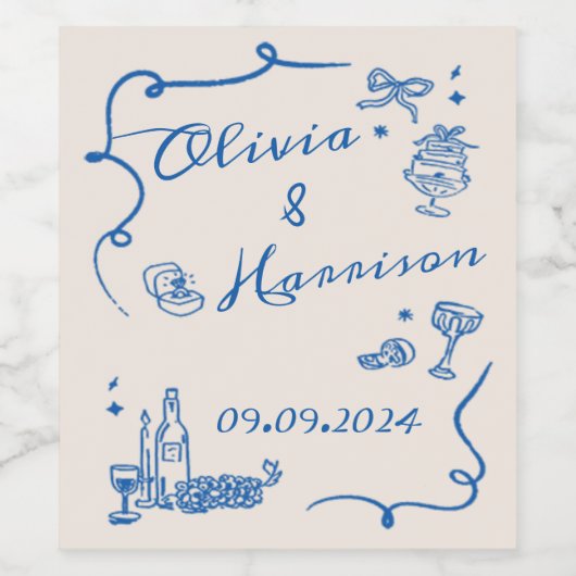 Elegant Hand getrokken Retro Blue Wedding Wijn Lab Wijn Etiket (Enkel label)