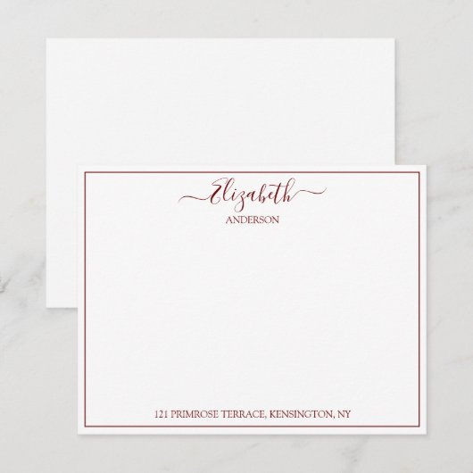 Elegant hand Lettered Burgundy Name Address Note Notitiekaartje (Voorkant / Achterkant)