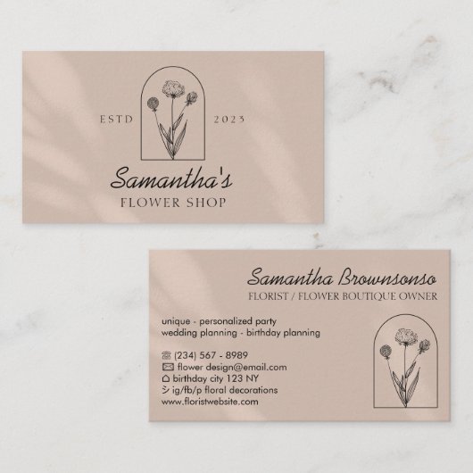 Elegant handgemaakt botanisch lijntekenmonogram vo visitekaartje (Voorkant / Achterkant)