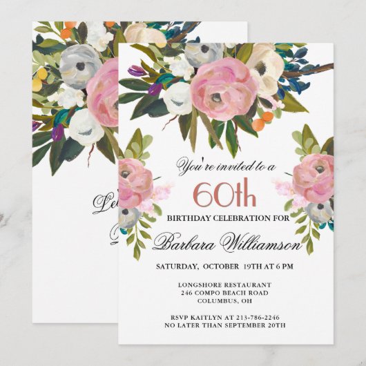 Elegant handgeschilderd Bloemen 60ste Verjaardag P Kaart (Voorkant / Achterkant)