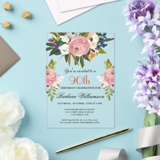 Elegant handgeschilderd Bloemen 90ste verjaardagsf Acryl Uitnodigingen (Insitu (Huwelijk))