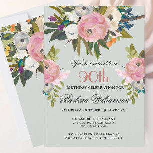 Elegant handgeschilderd Bloemen 90ste verjaardagsf Kaart