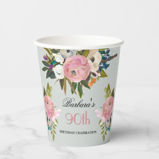 Elegant handgeschilderd Bloemen 90ste verjaardagsf Papieren Bekers (Voorkant)