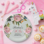 Elegant handgeschilderd Bloemen 90ste verjaardagsf Papieren Bordje (Feest)