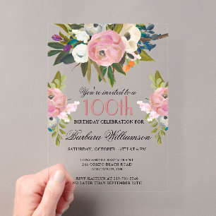 Elegant handgeschilderd bloemig 100ste verjaardags acryl uitnodigingen