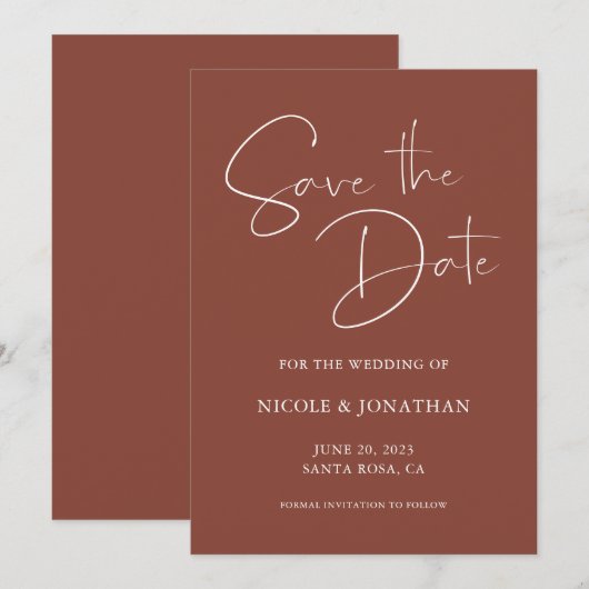 Elegant Handgeschreven Calligrafie Dark Terracotta Save The Date (Voorkant / Achterkant)
