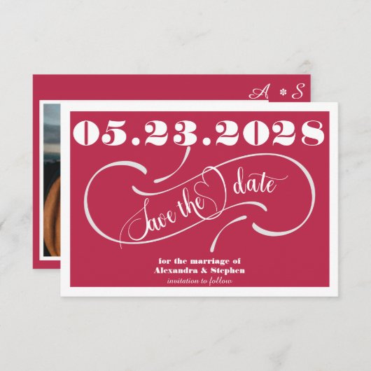 Elegant Handgeschreven Monogram QR Code Magenta Fo Save The Date (Voorkant / Achterkant)