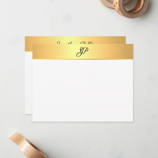 Elegant handgeschreven monogram script Gold Modern Notitiekaartje (Voorkant / Achterkant in situ)