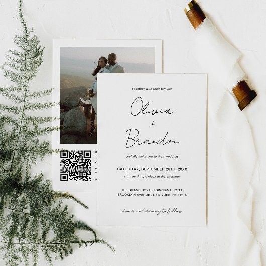 Elegant handgeschreven QR Code Lijst Foto bruiloft Kaart