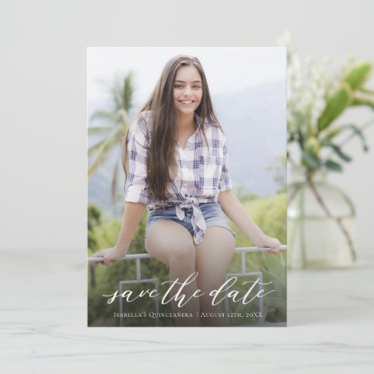 Elegant Handgeschreven Quinceañera Save The Date (Staand voorkant)