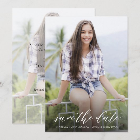 Elegant Handgeschreven Quinceañera Save The Date (Voorkant / Achterkant)