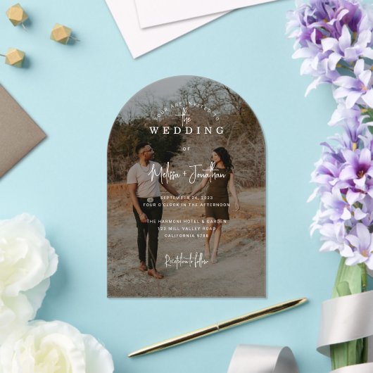 Elegant handgeschreven script Photo Arch Wedding Acryl Uitnodigingen (Insitu (Huwelijk))