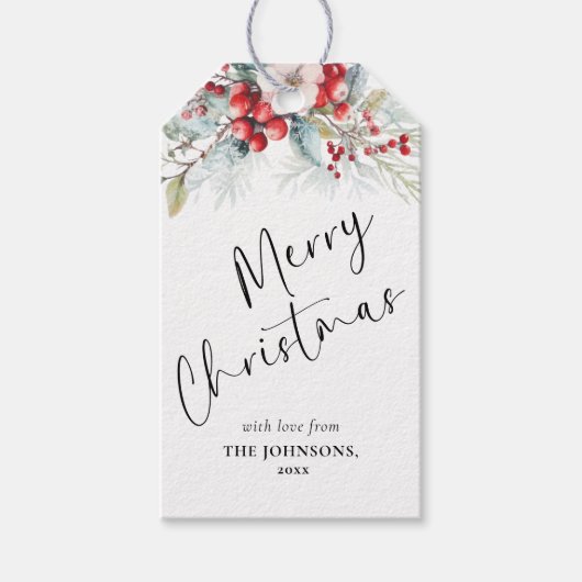 Elegant handgeschreven script | Rode bessen Kerstm Cadeaulabel (Voorkant)