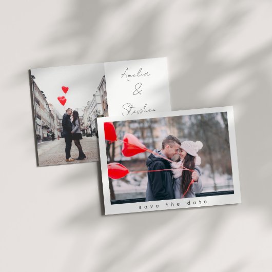 Elegant handgeschreven script twee foto bruiloft save the date