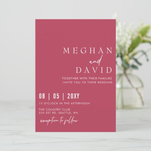 Elegant handgeschreven Simple Magenta Wedding Kaart (Staand voorkant)