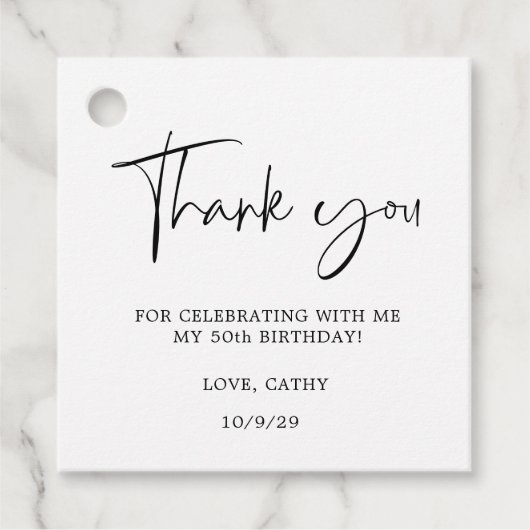Elegant handgeschreven zwart wit 50e verjaardag bedankjes labels (Voorkant)