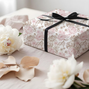 Elegant Handgetekend Pioen & Blad Bloempatroon Cadeaupapier