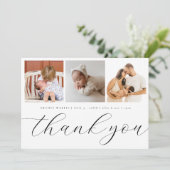Elegant Handlettering Script 3 Foto Nieuwe Baby Bedankkaart (Staand voorkant)