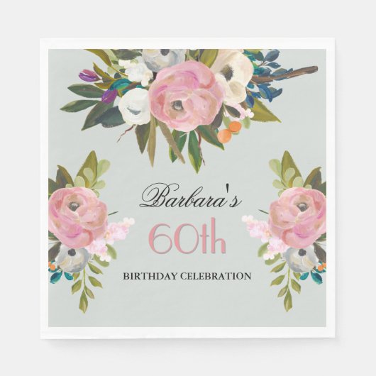 Elegant Handpainted Floral 60th Birthday Party  Servet (Voorkant)