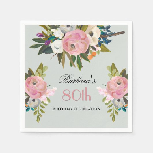 Elegant Handpainted Floral 80th Birthday Party Servet (Voorkant)