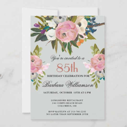 Elegant Handpainted Floral 85th Birthday Party Kaart (Voorkant)