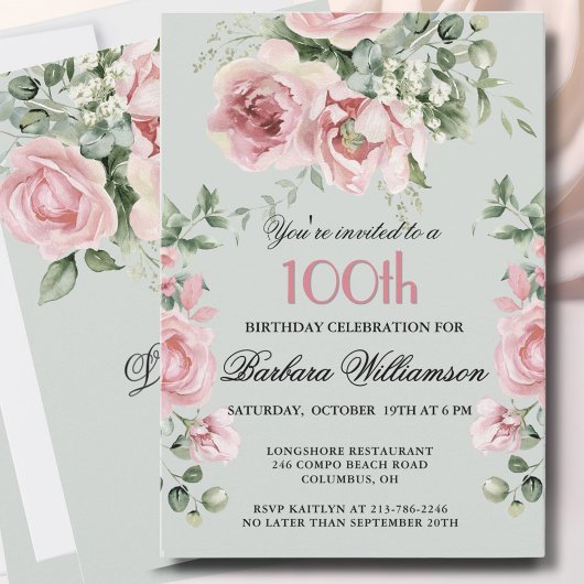 Elegant Handpainted Roses 100th Birthday Party Kaart