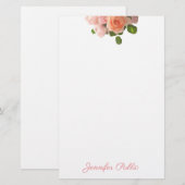 Elegant Handschreven Naam Waterverf Roos Sjabloon Briefpapier (Voorkant / Achterkant)