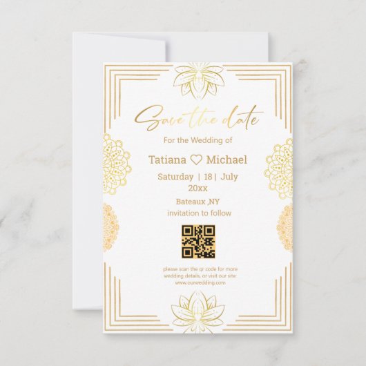 elegant handschrift indian goud geometrische qr co save the date (Voorkant)