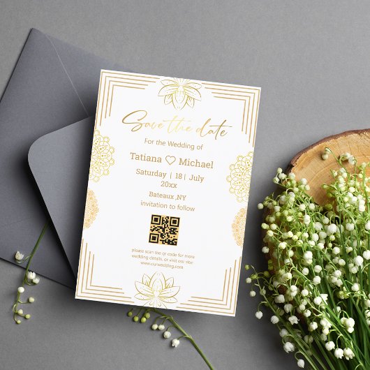 elegant handschrift indian goud geometrische qr co save the date
