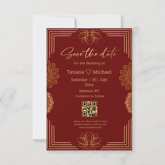 elegant handschrift indian red gold geometric save the date (Voorkant)