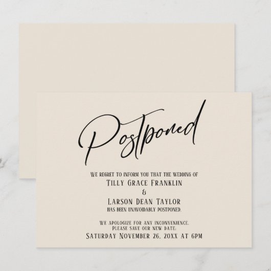 Elegant Handschrift Postponed Wedding Cream Kaart (Voorkant / Achterkant)