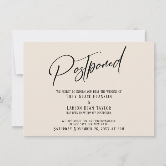 Elegant Handschrift Postponed Wedding Cream Kaart (Voorkant)