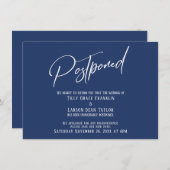 Elegant Handschrift Postponed Wedding Navy Card Kaart (Voorkant / Achterkant)