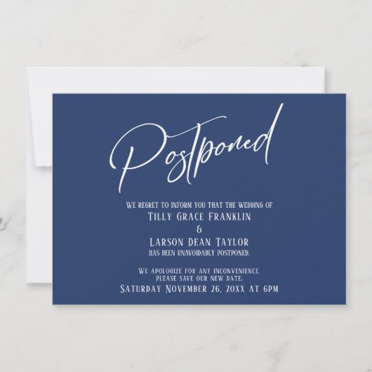 Elegant Handschrift Postponed Wedding Navy Card Kaart (Voorkant)