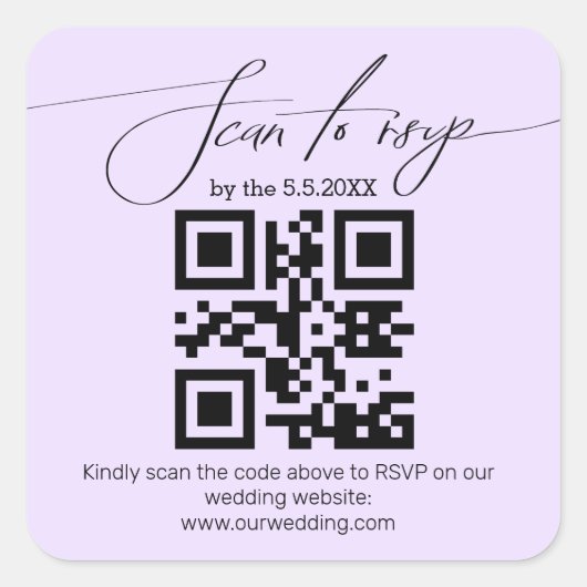 elegant handschrift rsvp qr code bruiloft paars vierkante sticker (Voorkant)
