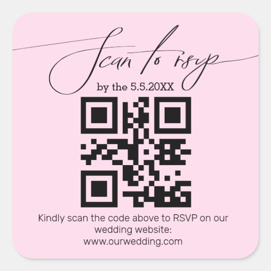elegant handschrift rsvp qr code bruiloft  roze vierkante sticker (Voorkant)