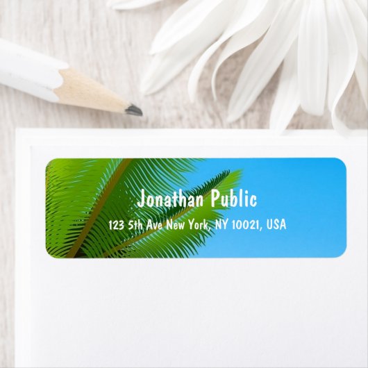 Elegant handschrift Sjabloon Palm Leaves Blue Sky Etiket (Insitu)