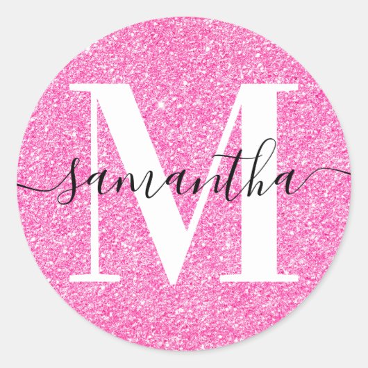 Elegant handtekening Modern Monogram Roze Glitter Ronde Sticker (Voorkant)