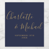 Elegant handtekening script Navy Blue Goud Bruilof Wijn Etiket (Enkel label)