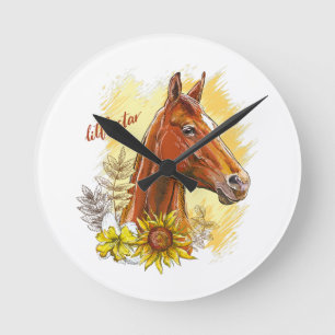Elegant handtekenpaard met planten en bloemen ronde klok
