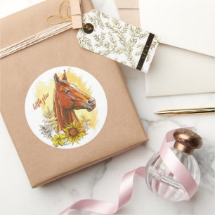 Elegant handtekenpaard met planten en bloemen ronde sticker
