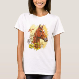 Elegant handtekenpaard met planten en bloemen t-shirt