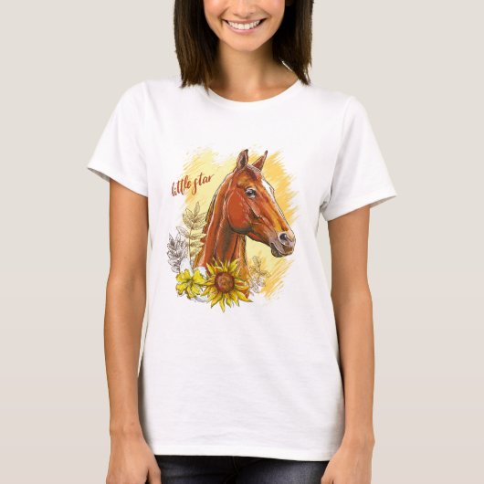 Elegant handtekenpaard met planten en bloemen t-shirt (Voorkant)