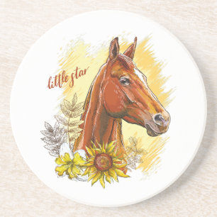 Elegant handtekenpaard met planten en bloemen zandsteen onderzetter