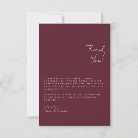 Elegant Handwritant Burgundy Photo Wedding Bedankkaart (Achterkant)